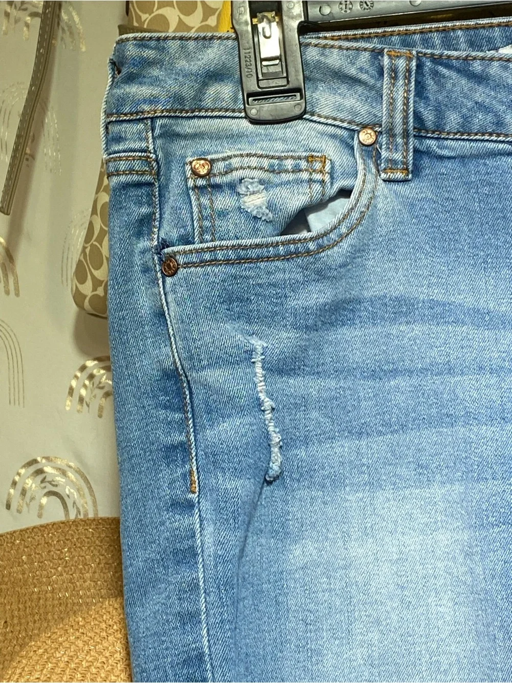 Celebrity Pink Light Blue Rolled Cuff Denim Bermuda Shorts